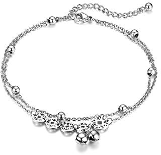 JewelryWe Schmuck Damen Armband Fußkettchen Edelstahl Chinesische Münzen Reichtum Glöckchen Kugel Charmsarmband Armkette Fußkette verstellbar Silber