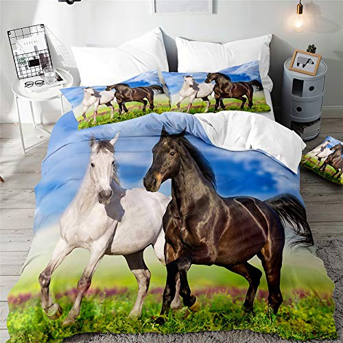 Surwin Bedding Set Microfiber 3pcs for Double Single Size, 3D Horse Duvet Cover Set with Animal Printing Quilt Cover & 2 Pillowcases for King Super King Adult Kids (Galloping,Single 135x200cm)