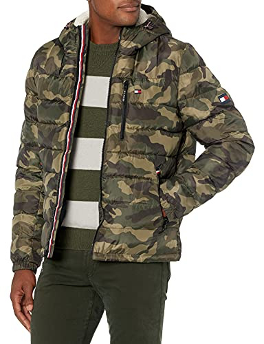 Tommy Hilfiger Men's Midweight Sherpa Lined Hooded Water Resistant Puffer Jacket, Camouflage Tech, XXL
