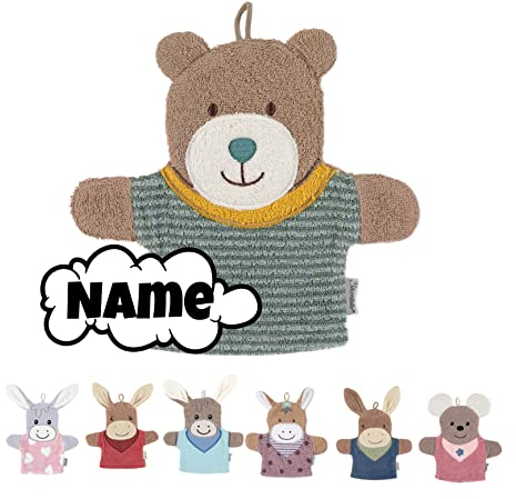 Sterntaler Waschlappen Kinder personalisiert | Waschhandschuh | Waschlappen Frottee mit Namen bestickt | 100% Baumwolle | Baby Geschenke (Ben Bär mittelgrün)