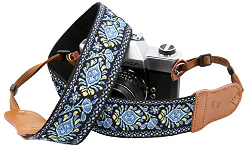 Vintage Blau Kameragurt –Doppellagiges Echtem Leder Enden,2 Kameragurt aus Reine Baumwolle Bestickt Gewebt, Verstellbarer Universal Schulter oder Nackengurt für alle Kameras, Geschenk für Fotografen