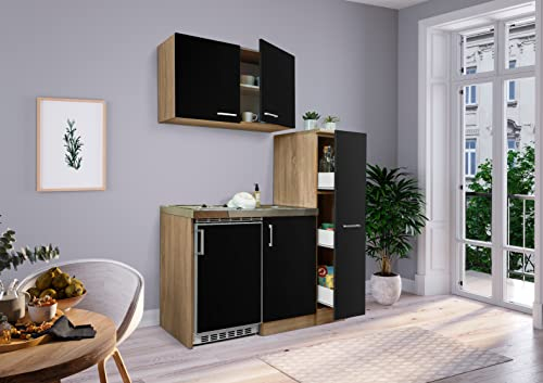 Respekta Küche Miniküche Küchenzeile Küchenblock 130 cm Eiche Sägerau schwarz