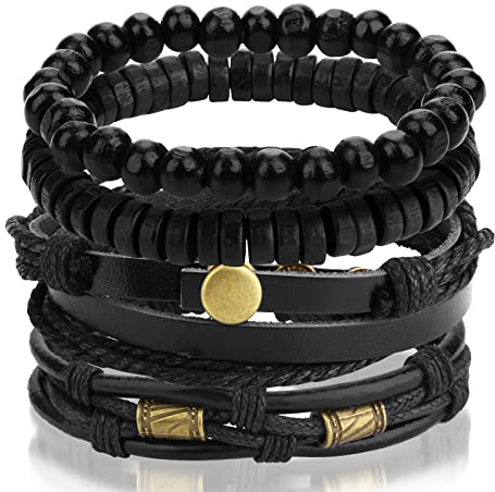 4 Stück Lederarmband Herren Geflochtenes Breites Armbänder Schwarz Punk Goth Rock Skull Bracelet Men Manschette Bead Armband Set Gothic Deko Jungen Verstellbar Schwarz und Braun