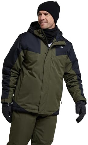 Mountain Warehouse Veste de Ski Dusk pour Hommes - Imperméable, Doublure Polaire et isolée, Jupe Pare-Neige intégrée, Capuche et Poignets réglables -pour Le Ski en Hiver Kaki Foncé L
