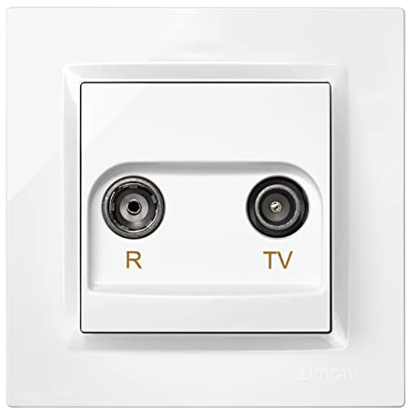 SIMON - Prise intermédiaire d'antenne TV et radio, prise TV murale, série Simon 10, encastrable, avec cadre, couvercle et mécanisme, pour télévision numérique terrestre ou satellite, couleur blanche