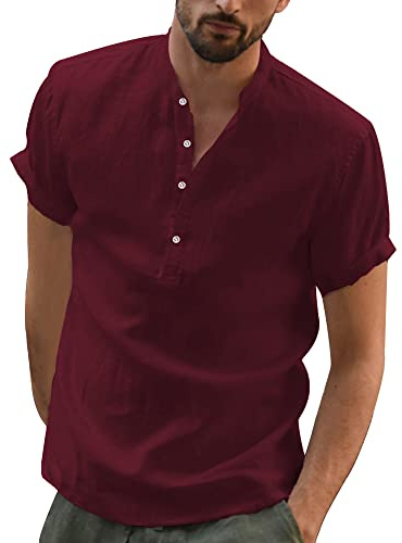 YAOBAOLE Chemise Lin Homme Manche Courte Chemise Col Mao Homme Été Casual Henley T Shirt