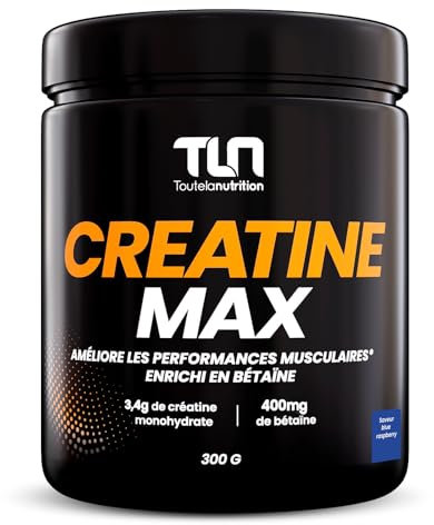 CREATINE MAX | Créatine Monohydrate Pure en Poudre | Enrichie en Bétaïne et Maltodextrine | Booster de Performances Musculaires | Sans Additifs | Pre Workout | Saveur Blue Raspberry | 300g | TLN