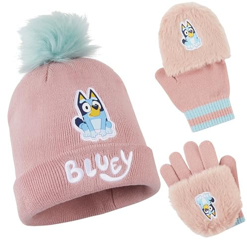 Bluey Mädchen Winter Accessoires Set, Mütze, Schal & Handschuhe oder Beanie & Handschuhe - Geschenke für Kinder (2-8 Jahre, Rosa Bluey 2-Teilig)