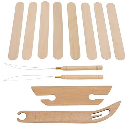 Lot de 12 Bâtons de Métier à Tisser à Main en Bois Comprenant une Aiguille à Crochet de Tissage en Bois, une Navette en Bois, un Peigne à Tisser, des Outils de Métier à Tisser,