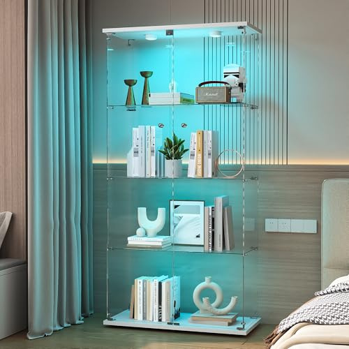 BPKADHY Vitrina de cristal con LED, 164 x 80,5 x 36,5 cm, 2 puertas, 4 estantes, transparente, para colección, decoración y coleccionables, salón