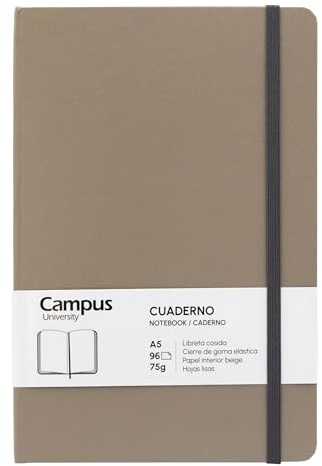 Campus - Carnet de Notes A5, Bullet Journal à Feuilles Unies, Carnet à Couverture Rigide, Carnet Beige 96 Feuilles de 75g, Fermeture Élastique, Pochette et Marque-Page (A5, Uni, Beige)