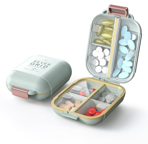ZORVIDSON Travel Pill Organizer, Portable Pill Box with 7 Compartments, BPA-Free Plastic Pill Holder, Compact Medicine Pill Case for Vitamins & Supplements (Green, Small)