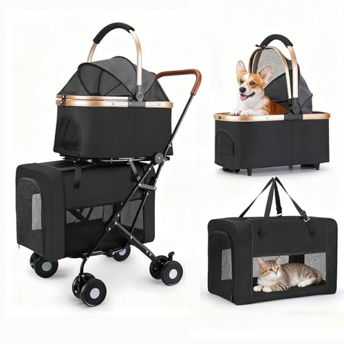 3 in 1 Doppio Strato Passeggino Pieghevole per Cani e Gatti, Passeggino Viaggio per Animali Domestici per cani con finestre a rete, cintura di sicurezza, per Cani di Piccola e Media Taglia (Nero, C7)