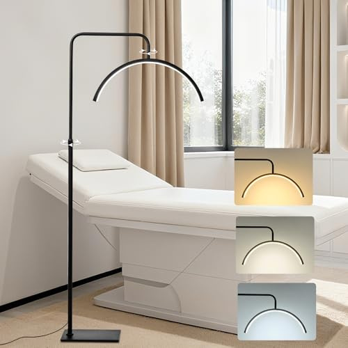 POWROL Lampadaire Incurvé Demi Lune sur Pied LED Tête Réglable 360° Intensité Variable et Hauteur Réglable 3 Couleurs pour Beauté Extension des Cils et Éclairage Quotidien Salon