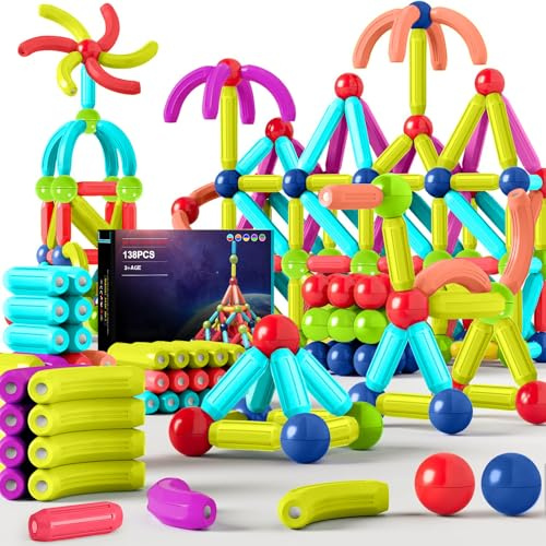JUQG 138Pcs Juguetes de Bloques de Construcción Magnéticos, 3D Juguetes Educativos de Bloques de Construcción, Juguetes de Construcción Magnéticos para Niños y Niñas de 3 4 5 6 7 8 años (138Pcs)