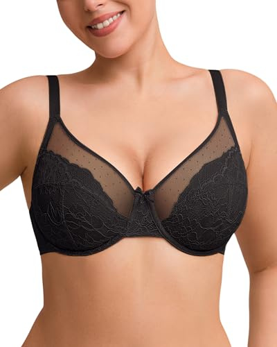 MYSABIELA Minimiser Bras for Women, Full Coverage Supportive Lace Underwired Bra, Unlined Floral See Through Size Minimizer Underwear Black