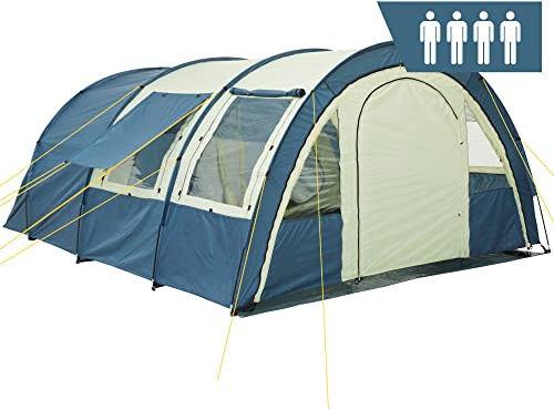 CampFeuer Zelt Multi für 4 Personen | Blau/Sand | Tunnelzelt mit riesigem Vorraum, 5000 mm Wassersäule | Campingzelt mit Bodenplane und versetzbarer Vorderwand | Gruppenzelt, Familienzelt