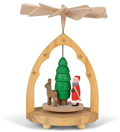 Alexander Taron Importer Richard Glaesser Natural Wood Finish Pyramid with Painted Santa/Deer and Tree Miniature