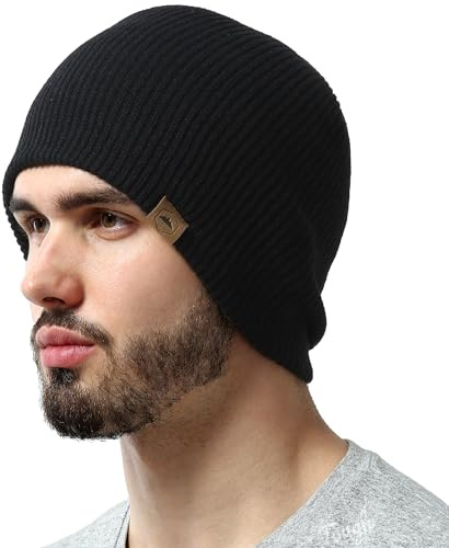 Tough Headwear Ribbed Beanie Hat - Stretch Fit Beanie for Women - Knit Winter Hats for Men - Breathable Knit Caps - Black