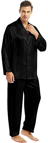 Conjunto de Pijama de satén de Seda para Hombre Ropa de Dormir Negro M