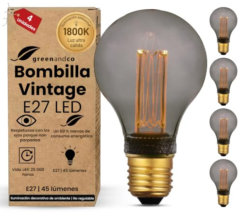 greenandco 4x dekorativ LED-glödlampa i vintage-stil | E27 A60 | Rök | 2W 45lm | 1800K Extra varmvitt | 320° | 230V | Flimmerfri | Ej dimbar