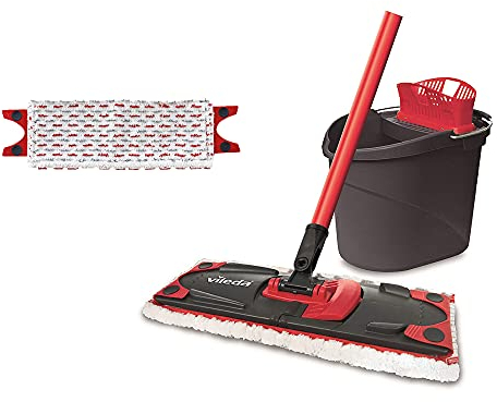 Vileda Ultramax - Set de limpieza, mopa de microfibras 2en1 para fregar y cubo con escurridor, cubo y mopa con palo telescópico para todo tipo de superficies, contiene 1 recambio adicional