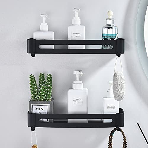 maifey Etagere Douche Noir Etagere Salle de Bain sans Percage Panier Murale de Douche en Aluminium Tablette de Rangement Salle de Bain Serviteurs de Douche Adhésive, Durable, Non Rouillée (2 Niveaux)