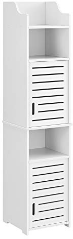 [en.casa] Badezimmerschrank Mora 135x32x32cm Weiß Hochschrank WPC Badkommode mit 3 Ablagen und Tür Badregal
