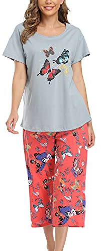 ENJOYNIGHT Pyjama Femme Été en Coton Ensembles de Pyjama T-Shirt Manche Courte et Pantalon Capri Vêtements de Nuit 2 Pièces (Large,Papillon Bleu)