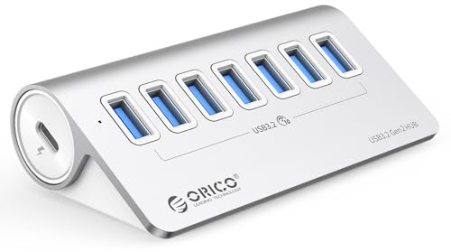 ORICO USB-hub, USB 3.2 Gen 2-hub, 7-port USB-distributör med 10 Gbps High Speed dataöverföring, aluminium USB C-splitter med 1 m USB C-kabel rätvinklig för iMac, iMac Pro, skrivbord