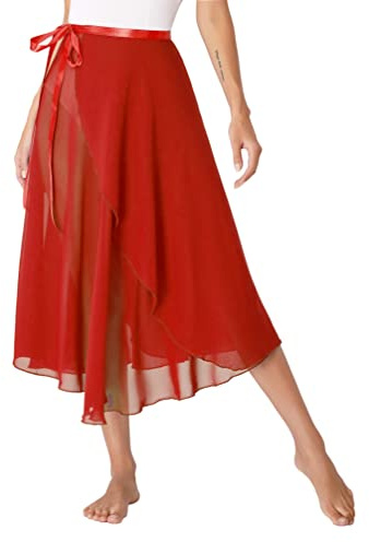 iiniim Falda Cruzada para Ballet Gasa Mujer Wrap Over Bufanda Falda de Danza Ballet con Lazo de Cintura para Niña Mujer Traje de Baile Rendimiento Falda de Baile B Rojo Talla única