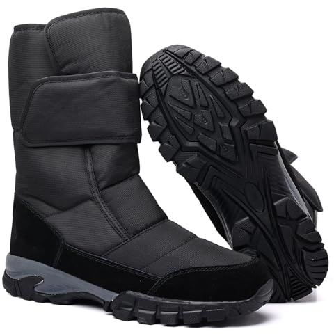 DADAWEN Men's Snow Boots Anti-Slip Waterproof Outdoor Shoes Warm Fur Lined Mid-Calf Winter Snow Boots Black US Size 9.5