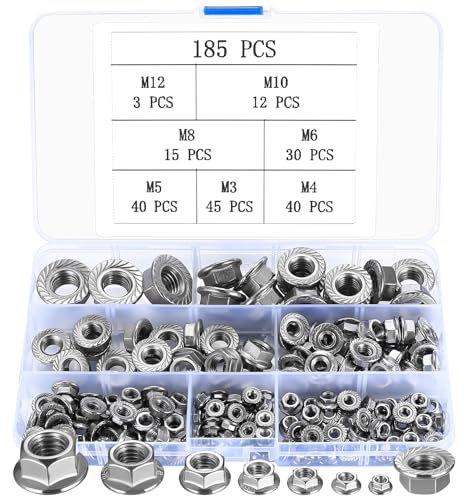 185 Pcs Hex Flange Nuts, Serrated Flange Hex Nuts, Serrated Flange Nuts, Flanged Lock Nuts, Stainless Steel Serrated Nut, Universal Locknuts for Furniture Construction, M3 M4 M5 M6 M8 M10 M12