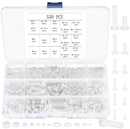 SZSLMY Set di 530 Viti, Dadi e Rondelle in Plastica Nylon - Testa Piatta, Tonda a Croce, Esagonali Metriche M2/M2.5/M3/M4/M5/M6
