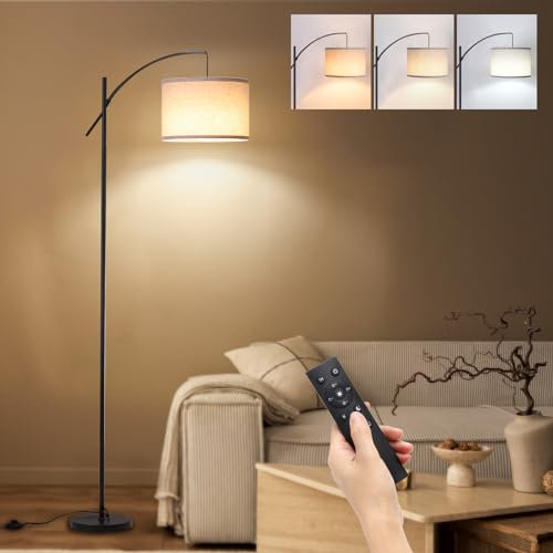 FIMEI 73.8'' Arc Floor Lamp, with 9w Bulb, Stepless Dimming & 3 Color Temperatures, Remote Control & Foot Switch, Floor Lamp for Living Room Bedroom Office, 1H Timer, E27 Socket