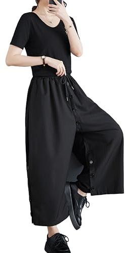 ellazhu Damen Drop Crotch Elastische Taille Knopfleiste Weite Bein Haremshose GZ179