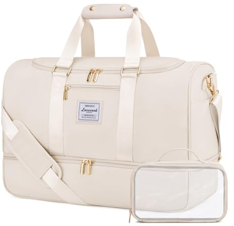 LOVEVOOK Travel Bags for Women, 50L Large Weekend Overnight Holdall Hospital Bags with Toiletry Bag, Shoe Compartment & Wet Pocket, Waterproof Cabin Hand Luggage Bag for Travel Gym Sports, Beige