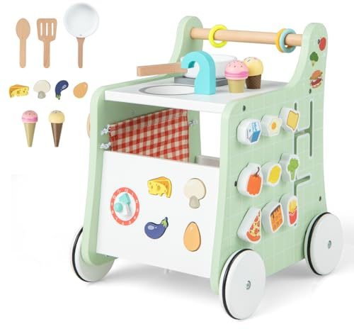 GOPLUS 6 en 1 Andador de Madera para Bebés de 12+ Meses, Centro de Actividades de Cocina, Deslizador Móvil de MDF, Juguetes de Frutas, Reloj, Rueda Silenciosapara, Baby Walker Montessori para 1 Años