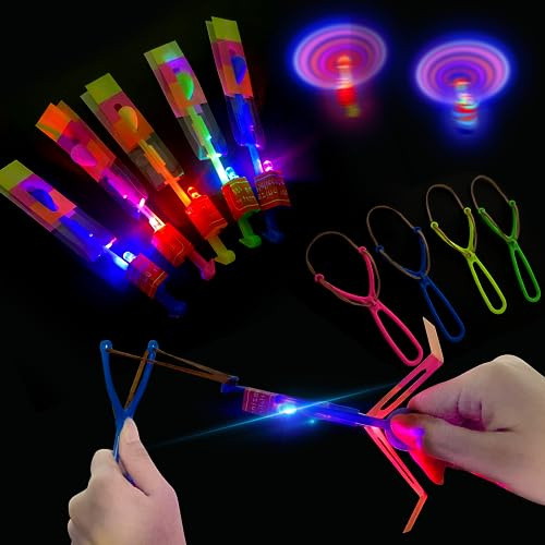 Helicóptero Vuelo Juguete, 12 Piezas Helicóptero Noche Volando Juguete, Lanzador de Cohetes, LED Elastic Powered Sling Shot Heli, Niños y Adultos, para Actividades y Juegos al Aire Libre