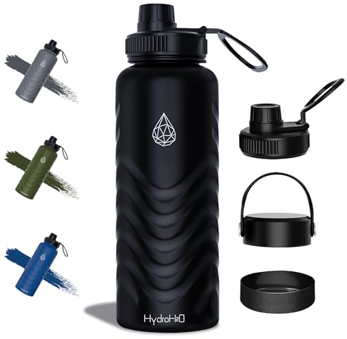 HYDRO H2O 32oz Insulated Stainless Steel Water Bottle with Straw–Leak-Proof,BPA-Free,Wide Mouth Sports Flask with Handle&Silicone Boot–Black Reusable Hydration Bottle for Gym,Hiking,Travel