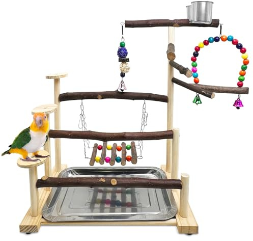 Kathson Wood Bird Playground Parrot Play Stand Bird Stand with Feeder Cups Birds Perch Stand with Ladder Hanging Swing Chewing Toys Conure Cage Accessories for Parakeet Conure Lovebird Cockatiel