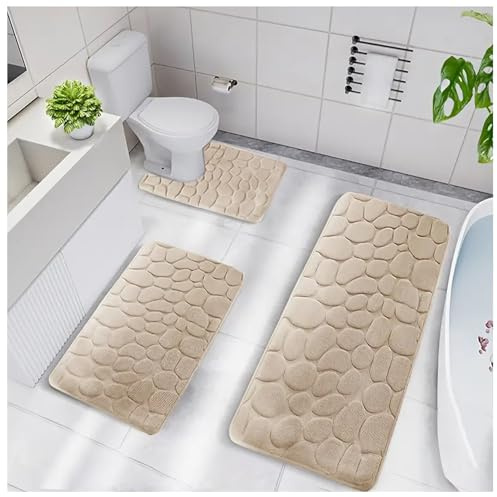 Set of 3 Memory Foam Bath Mats Absorbent Bathroom Rugs Toilet WC Contour Mat Machine Washable for Bathroom Soft and Comfortable
