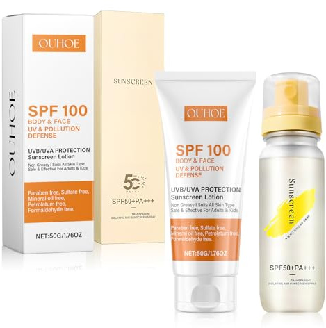 2 Stück Sonnencreme 100 LSF + Sonnenspray LSF 50, Sonnenschutz LSF 100, Sonnenschutz Spray, Feuchtigkeitsspendend Sunblock, Nicht Fettend, Starker UVA-UVB-Schutz, für Alle Hauttypen