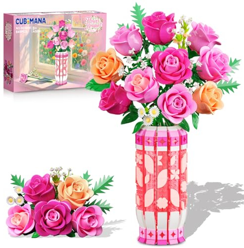 CUBIMANA Bouquet de Roses romantiques Roses avec Vase et éclairage LED, 845 pièces de Mini Blocs de Construction botaniques de 3,6 mm, Fleurs artificielles pour décoration de Bureau et de Maison