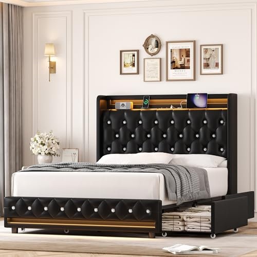 FOREHILL Polsterbett 140x200 mit Ladestation LED Beleuchtung, Doppelbett Bettgestell mit 4 Schubladen, Bettrahmen Jugendbett mit Kopfteil, Stauraum, Lattenrost, PU-Kunstleder, schwarz