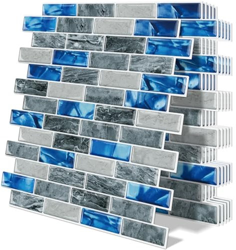 Tiwoos Credence Carreaux Adhesive pour Faux Carrelage Autocollant Adhesif Mural Cuisine Bleue (10-Pièces,30.5x 30.5cm)