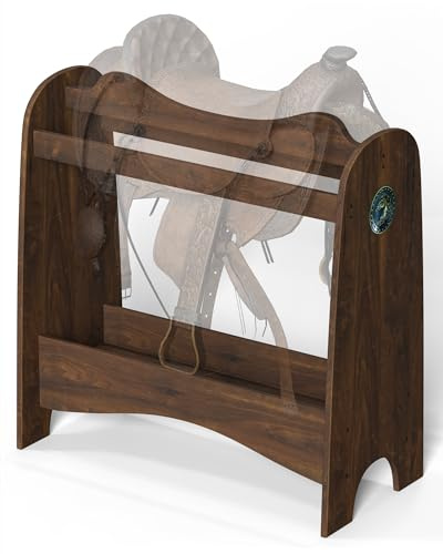 Vovamo Saddle Rack for Western Saddles,Pine Wood,Classic Brown Curved Wave Designed Saddle Stand with Storage Shelf & Hook,Display for Living Room/Tack Room/Club, Equestrian Gift