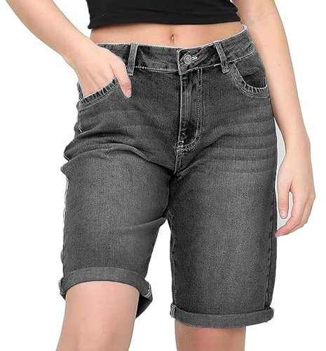 NOROZE Women's Ladies Knee Length Denim Stretchy Bermuda Shorts Contrast Turn Up Cropped Jean Shorts Denim Capri Pants Rolled-Up Hem (UK, Numeric, 10, Regular, Regular, Black Acid Wash)