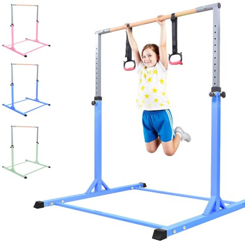 Generisch Barra de gimnasia para niños con 13 alturas ajustables (98 – 159 cm) – Barra de gimnasia de acero con mango de madera, soporta 200 kg, estructura triangular estable, protección