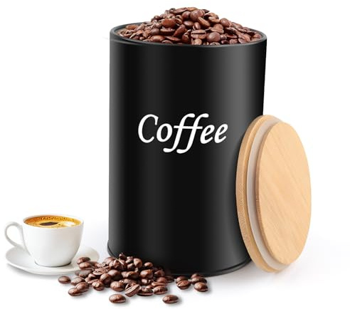 Funtery Kaffeedose Luftdicht, 500ML Kaffeebohnen Behälter, Kaffeepads Aufbewahrung mit Holz-Deckel, Kaffeebohnen Aufbewahrung für Büros, Wohnungen und Cafés, Schwarz